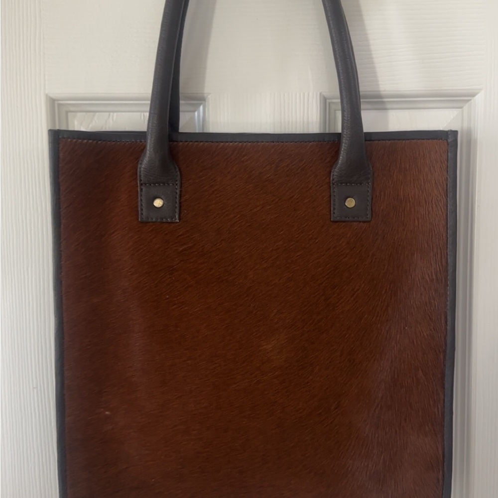 Brown Leather-Trimmed Haircalf Tote